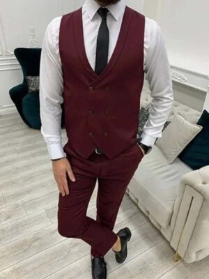 Mens Burgundy 3 Piece Wedding Suit