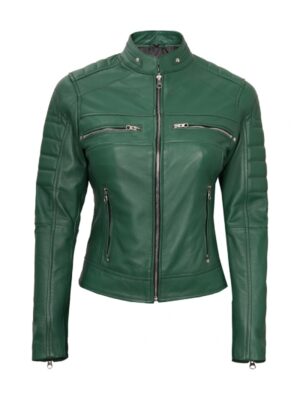 Austin Womens Green Real Cafe Racer Biker Leather Jacket