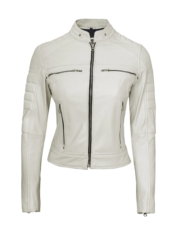 Austin Womens White Cafe Racer Leather Jacket