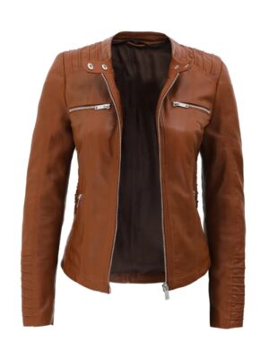 Brown Womens Cognac Slim Fit Leather Jacket With Removable Hood