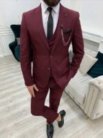 3 Piece Burgundy Slim Fit Wedding Suit For Men