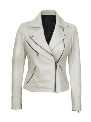 Ninfa Women Moto Style White Leather Jacket