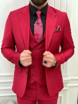 Men’s Red Wedding Slim Fit Three Piece Tuxedo Suit