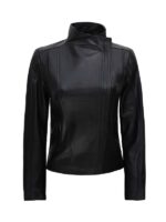 Women Black Flap Closure Leather Cafe Racer Jacket