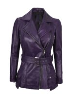 Womens Asymmetrical Purple Belted Leather Jacket