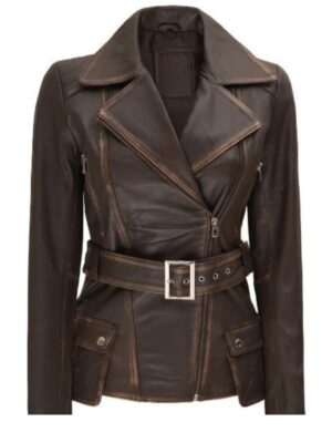 Womens Distressed Brown Belted Leather Jacket