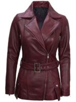 Womens Maroon Leather Biker Jacket