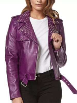 Womens Purple Studded Biker Leather Jacket