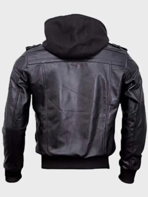 Mens Hooded Black Bomber Leather Jacket