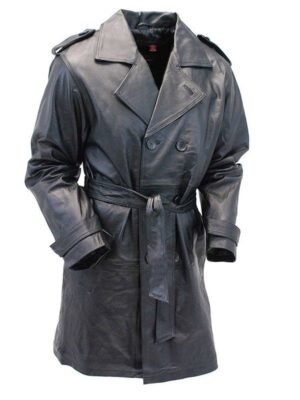 Black Mens Doube Breasted Leather Trench Coat