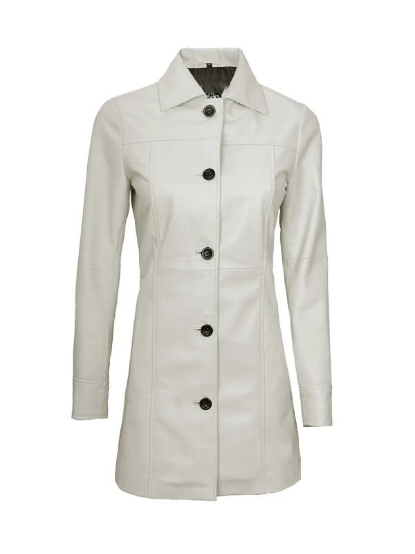 Kandis Womens White Leather Trench Coat