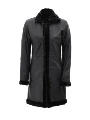 Maura Womens Leather Long Shearling Black Coat