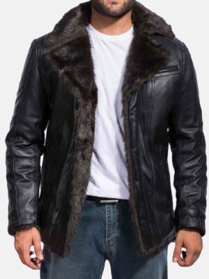 Mens Faux Fur Black Aviator Leather Coat