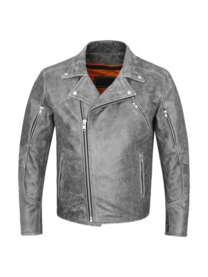 Mens Grey Distressed Biker Jacket