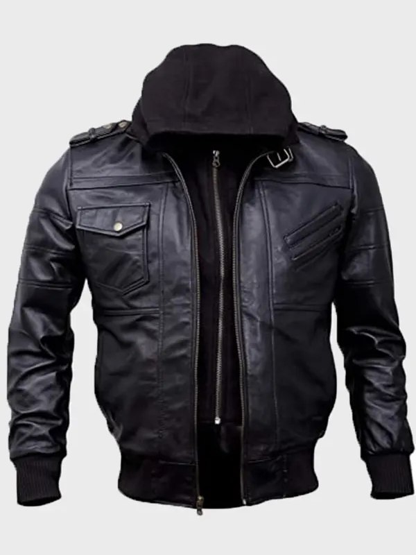 Black Bomber Hooded Leather Jacket For Mens