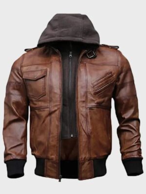 Bomber Brown Hooded Leather Jacket For Men’s