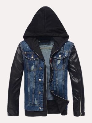 Mens Hooded Denim Jacket With Leather Sleeves