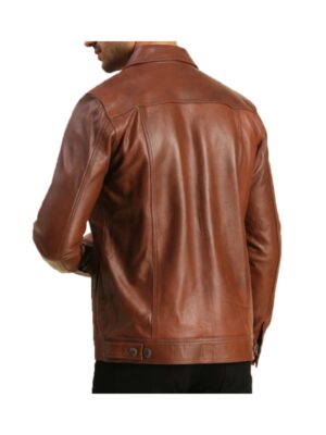 Mens Moto Brown Leather Trucker Jacket