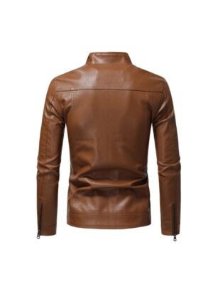 Mens Slim Fit Button Pocket Brown Leather Jacket