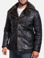 Shop Faux Fur Lining Leather Black Aviator Coat For Mens