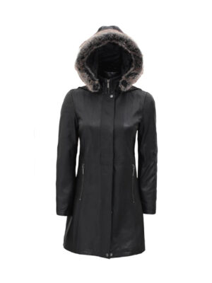 Women Hooded Shearling Black Leather Coat