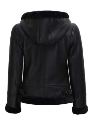 Womens Black Leather Hooded Shearling Jacket For Sale