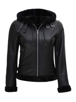 Womens Black Shearling Hooded Leather Jacket