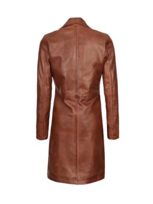 Womens Cognac Brown Leather 3_4 Length Coat