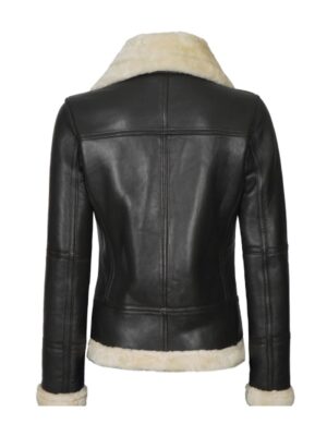 Womens Shearling Leather Black Bomber Jacket For Sale