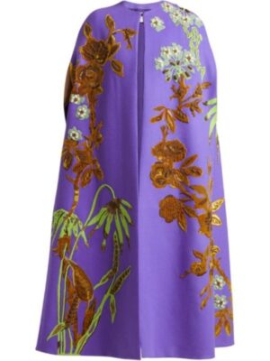 Lily Collins Purple Floral Embroidered Cape