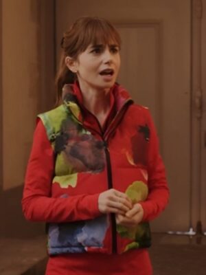 Lily Collins Red Puffer Vest