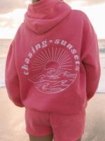 Pink Palm Puff Chasing Sunsets Pullover Hoodie