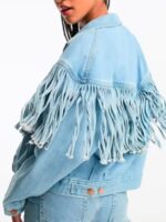 Ainsley Norris TV Series Landman Michelle Blue Denim Fringe Jacket