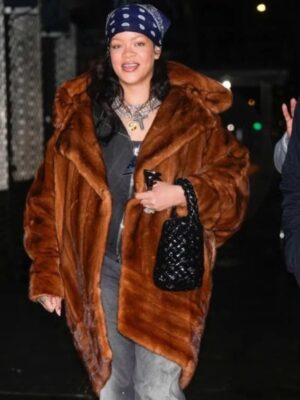 New York City Rihanna Brown Fur Shearling Hooded Coat