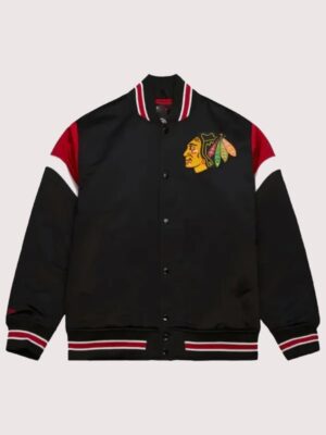 Chicago Blackhawks NHL 2025 Black Satin Varsity Bomber Jacket