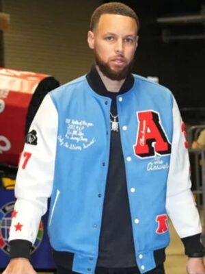 Unisex Stephen Allen Iverson Blue & White Varsity Bomber Jacket