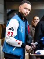 Unisex Stephen Curry Allen Iverson Blue & White Varsity Bomber Jacket