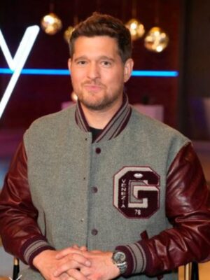 The Voice Michael Buble Gray and Red Varsity Jacket For Sale
