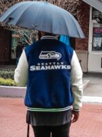 50th Season Seattle Seahawks Blue Wool & White Leather Varsity Jacket