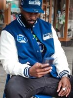 50th Season Seattle Seahawks Blue Wool & White Leather Jacket